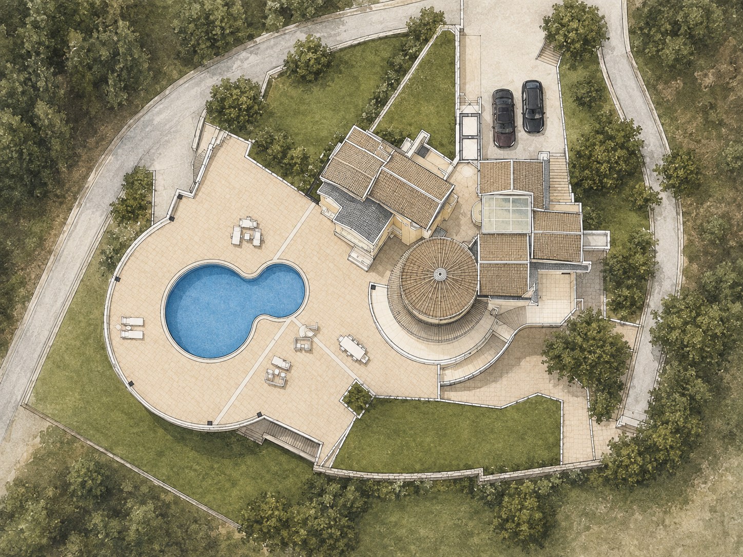 Illustrated aerial site plan of Angelis Estate showing the residence, pool terrace and grounds